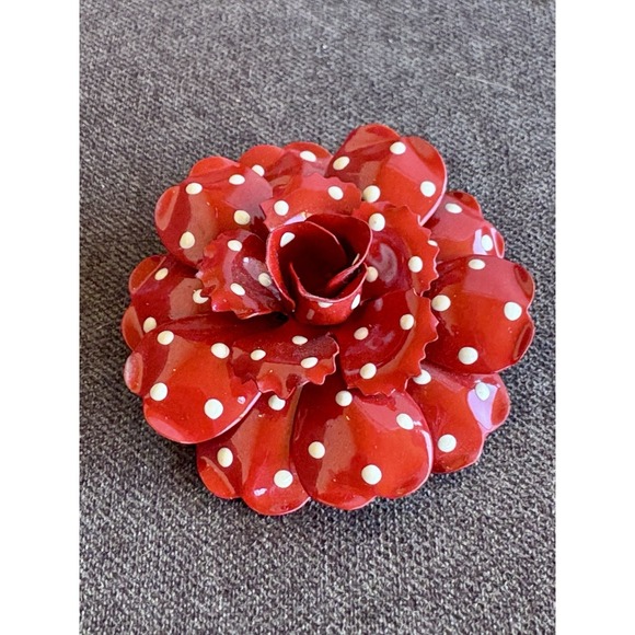 Joan Rivers Jewelry - JOAN RIVERS Red Enamel Flower Brooch Pin with White Polka Dots